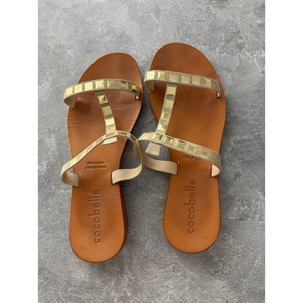 Cocobelle Womens Gold Studded T-Strap Leather Flat Sandals Made in Italy Tan 8.5